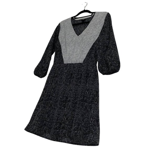 H&M Fit & Flare V-Neck Dress Size 8 - Black White Speckle Print Long Sleeve Mini - Picture 4 of 15